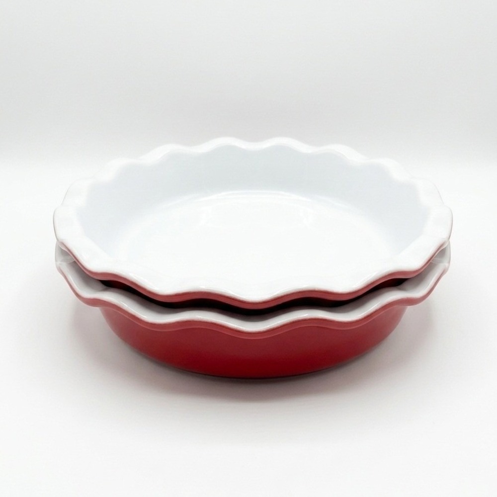 Emile Henry France Red Ruffled Pie Dishes Ceramic Baking Pans Set 2 81.82 Vtg.